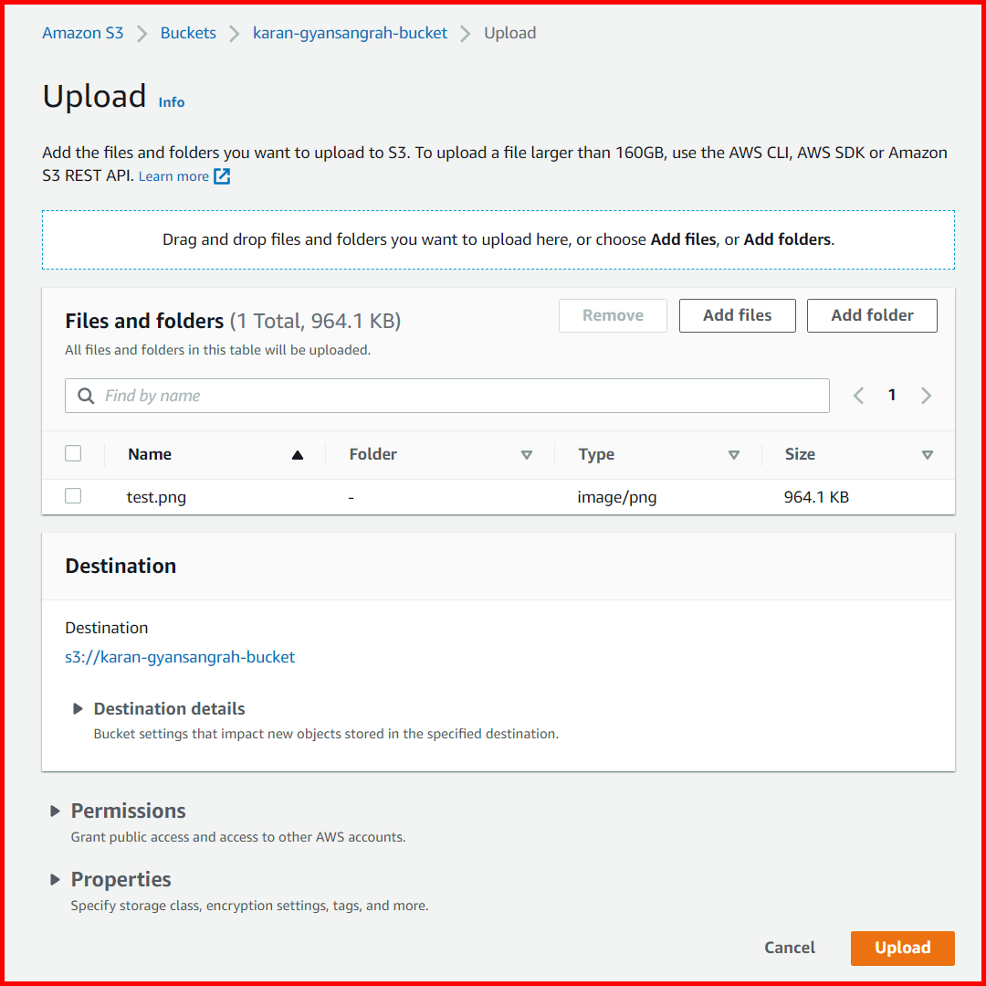 Picture showing the file selected to be uploaded in S3 bucket